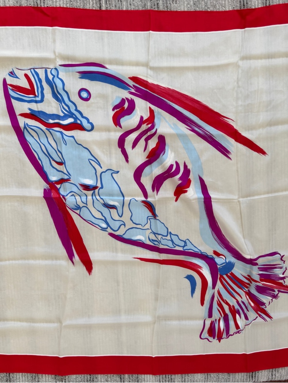 Vintage Anne Klein for Vera White Silk Fish Print   Scarf 34”